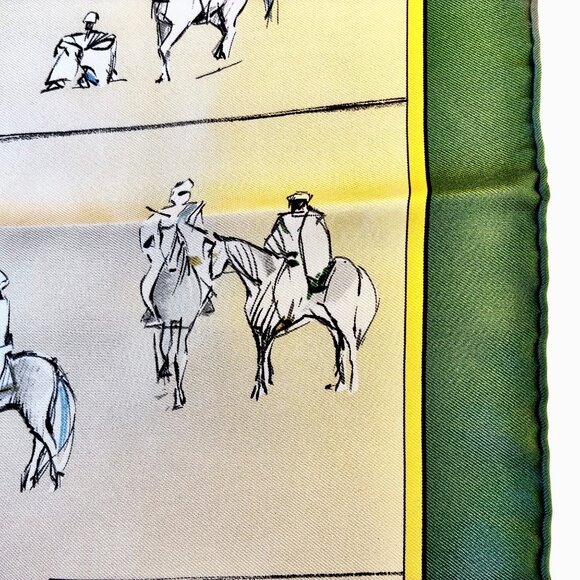 HERMES Paris Silk Scarf Equestrian Horse & Rider VOYAGE AU NIGER Green New 16" - Picture 9 of 16